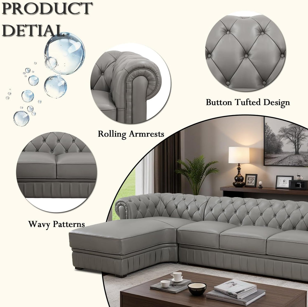 Genuine Leather Sectional Couch, L Shape Top Grain Leather Sofa with 5 Seaters for Living Room Furniture Set, Chesterfield Couches with Button Tufted Design for House/Lounge,Gray