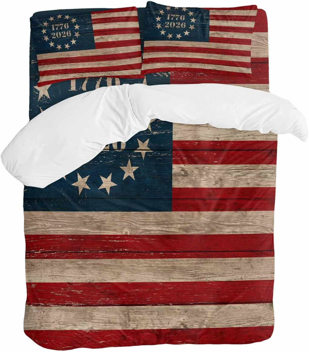 Independence Day Duvet Cover Set Queen Size 4 Pieces Retro American Flag Patriotic Red Blue Stripe Star Bedding Set with Zipper Closure, 1 Comforter Cover 92x106 Inches 1 Flat Sheet & 2 Pillow Cases