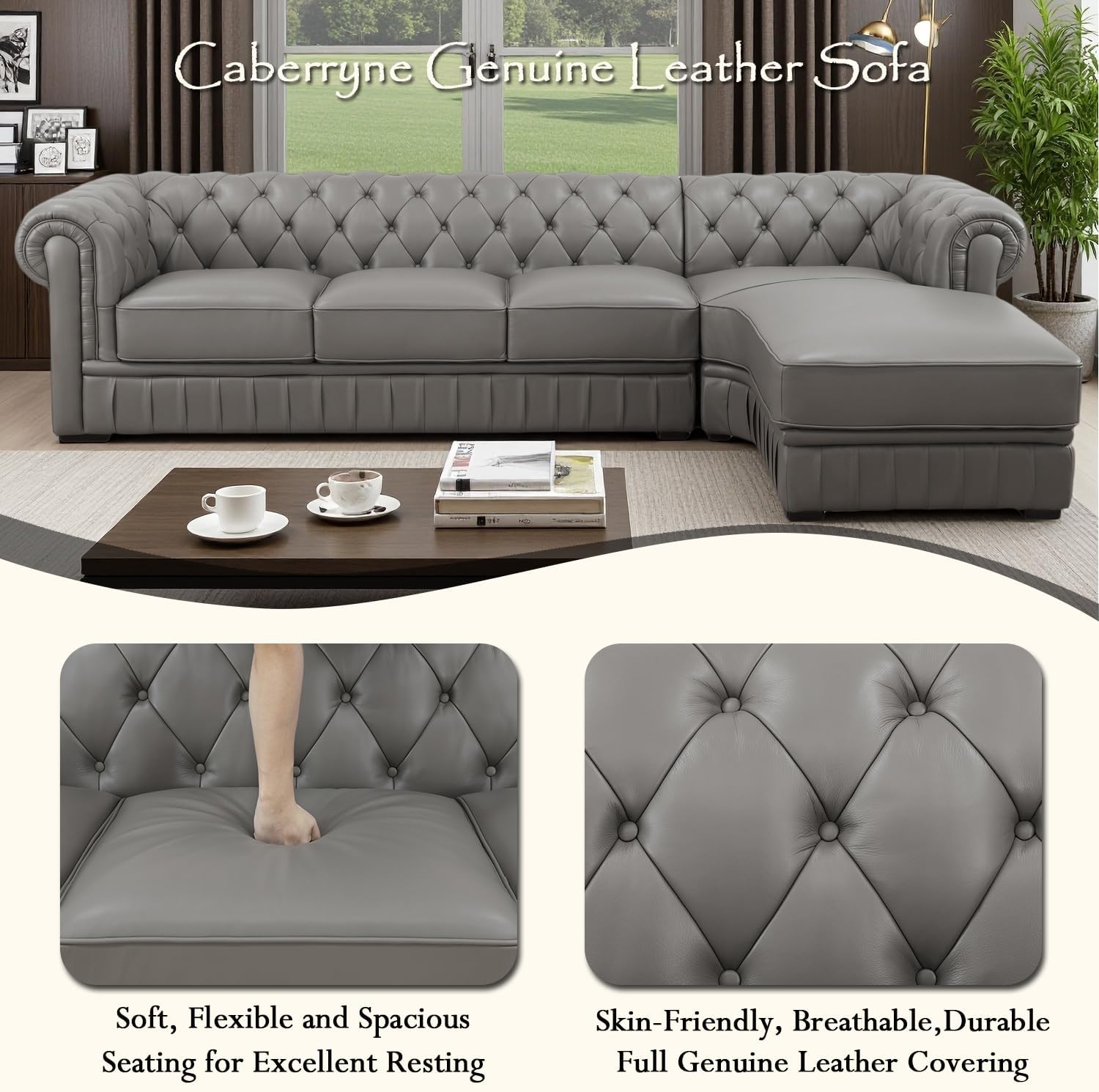 Genuine Leather Sectional Couch, L Shape Top Grain Leather Sofa with 5 Seaters for Living Room Furniture Set, Chesterfield Couches with Button Tufted Design for House/Lounge,Gray