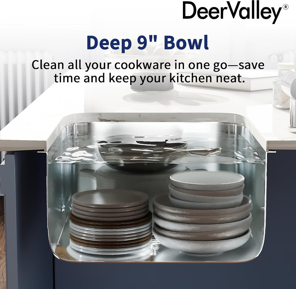 DeerValley 27 Inch Undermount Kitchen Sink 18 Gauge Stainless Steel Kitchen Sink Spacious Single Bowl Sinks with Basket Strainer Curved Shape Round Corner Deep Sinks for Modern Kitchens