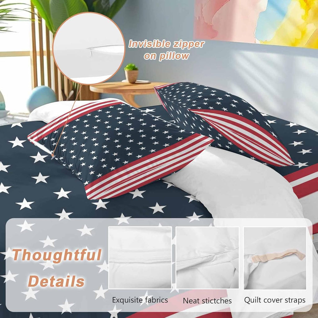 Independence Day Duvet Cover Set Queen Size 4 Pieces U.S. Flag Themed White Five-Pointed Star Bedding Set with Zipper Closure, 1 Comforter Cover 92x106 Inches 1 Flat Sheet & 2 Pillow Cases
