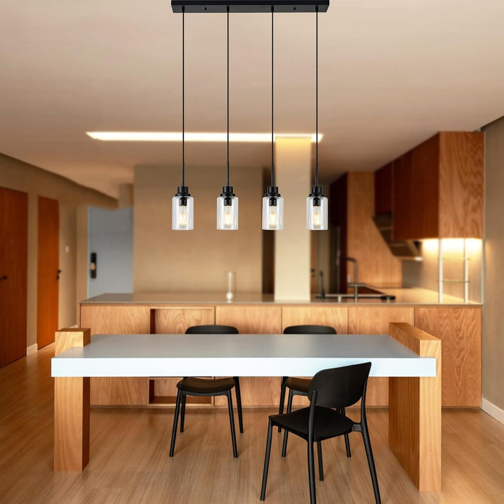 4-Lights Pendant Lighting for Kitchen Island in Black, Ceiling Light Fixtures with Adjustable Hanging Wire & Clear Glass Shades