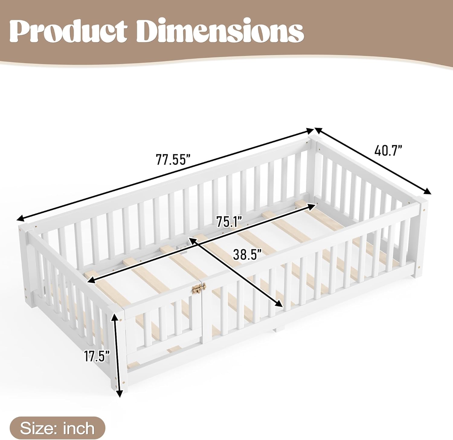 Bellemave Twin Size Floor Bed Frame with Fence and Door for Kids, Montessori Floor Bed with Slats and Safety Guardrails,Solid Wood Twin Bed Frame for Girls Boys,White