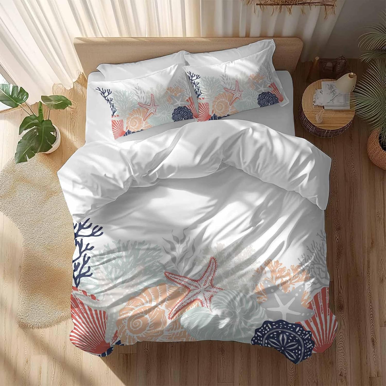 Summer Marine Life Duvet Cover Set Queen Size 4 Pieces Ocean Gray Coral Coastal Starfish Conch Bedding Set with Zipper Closure, 1 Comforter Cover 92x106 Inches 1 Flat Sheet & 2 Pillow Cases