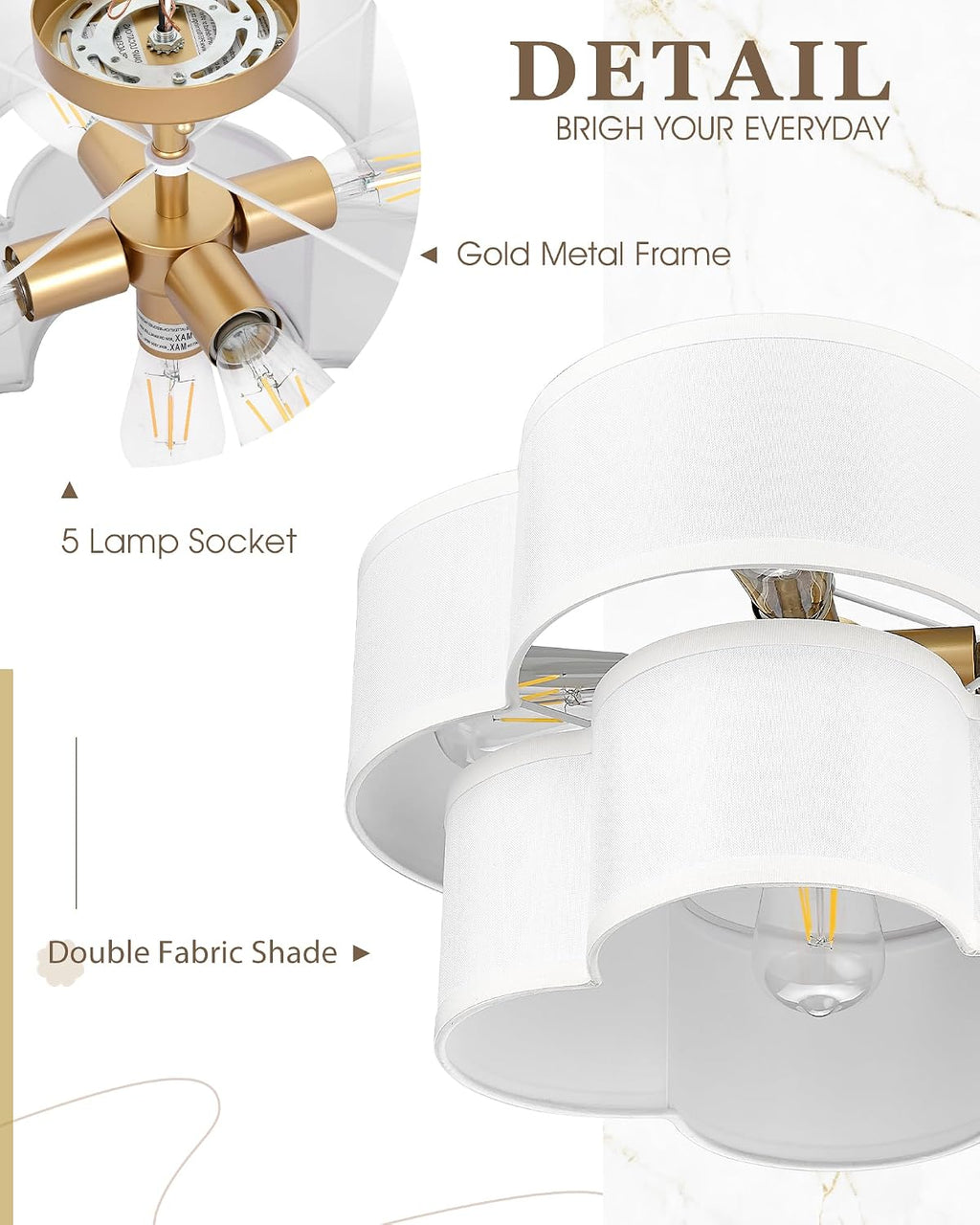 Gold Semi Flush Mount Ceiling Light, 5-Light 18' Ceiling Light Fixtures with Double Fabric Drum Shade in Quatrefoil Shape, Light Fixtures Ceiling Mount for Nursery Bedroom, AD-22007-5SF-GD