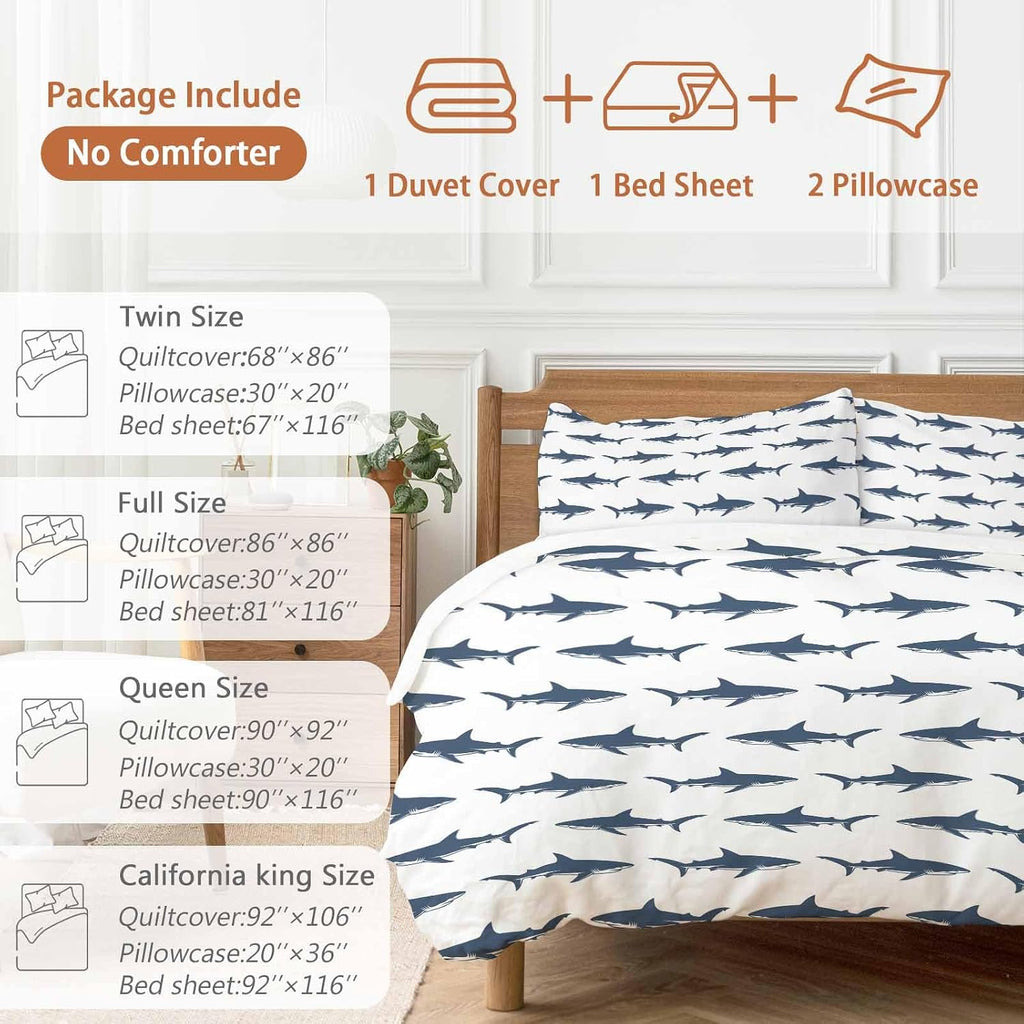 Prime Leader Abstract Sharks Duvet Cover Set Queen Size 4 Pieces Navy Blue Fish Simple Style Ocean Life Bedding Set with Zipper Closure, 1 Comforter Cover 92x106 Inches 1 Flat Sheet & 2 Pillow Cases