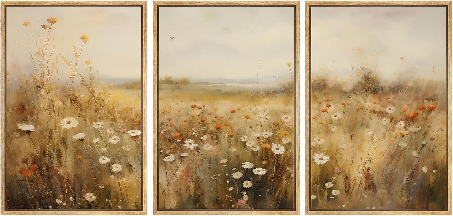 SIGNWIN Framed Canvas Print Wall Art Set Wildflower Meadow Pastoral Floral Illustrations Modern Colorful Ultra for Living Room, Bedroom, Office - 24'x36'x3 Natural