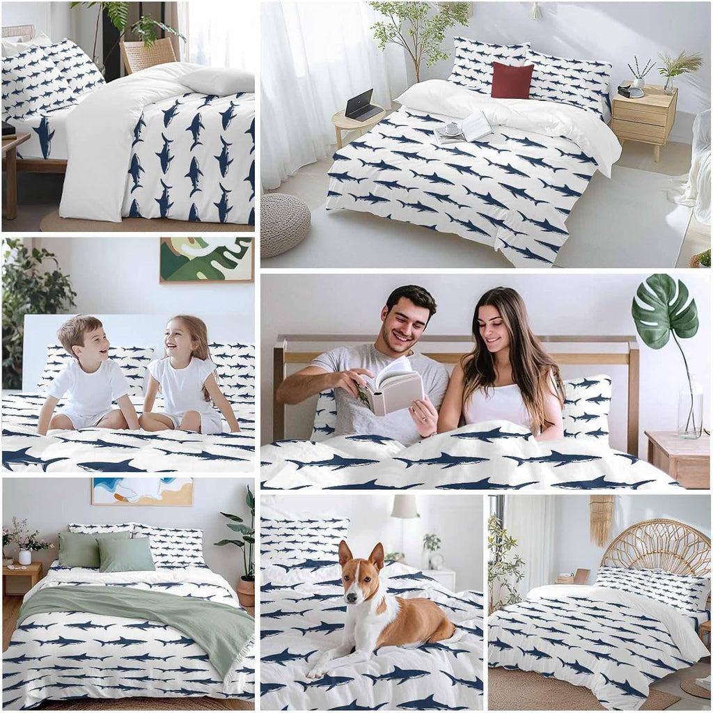 Prime Leader Abstract Sharks Duvet Cover Set Queen Size 4 Pieces Navy Blue Fish Simple Style Ocean Life Bedding Set with Zipper Closure, 1 Comforter Cover 92x106 Inches 1 Flat Sheet & 2 Pillow Cases