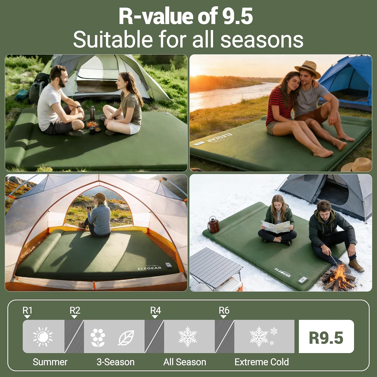 Elegear CumbreX™ Self Inflating Sleeping Pad, Built-in Electric Pump 3.15' Ultra-Thick Memory Foam Camping Mattress Pad with Pillow Double Sleeping Pad for Camping R-Value 9.5 Foam Camp Pad - Queen