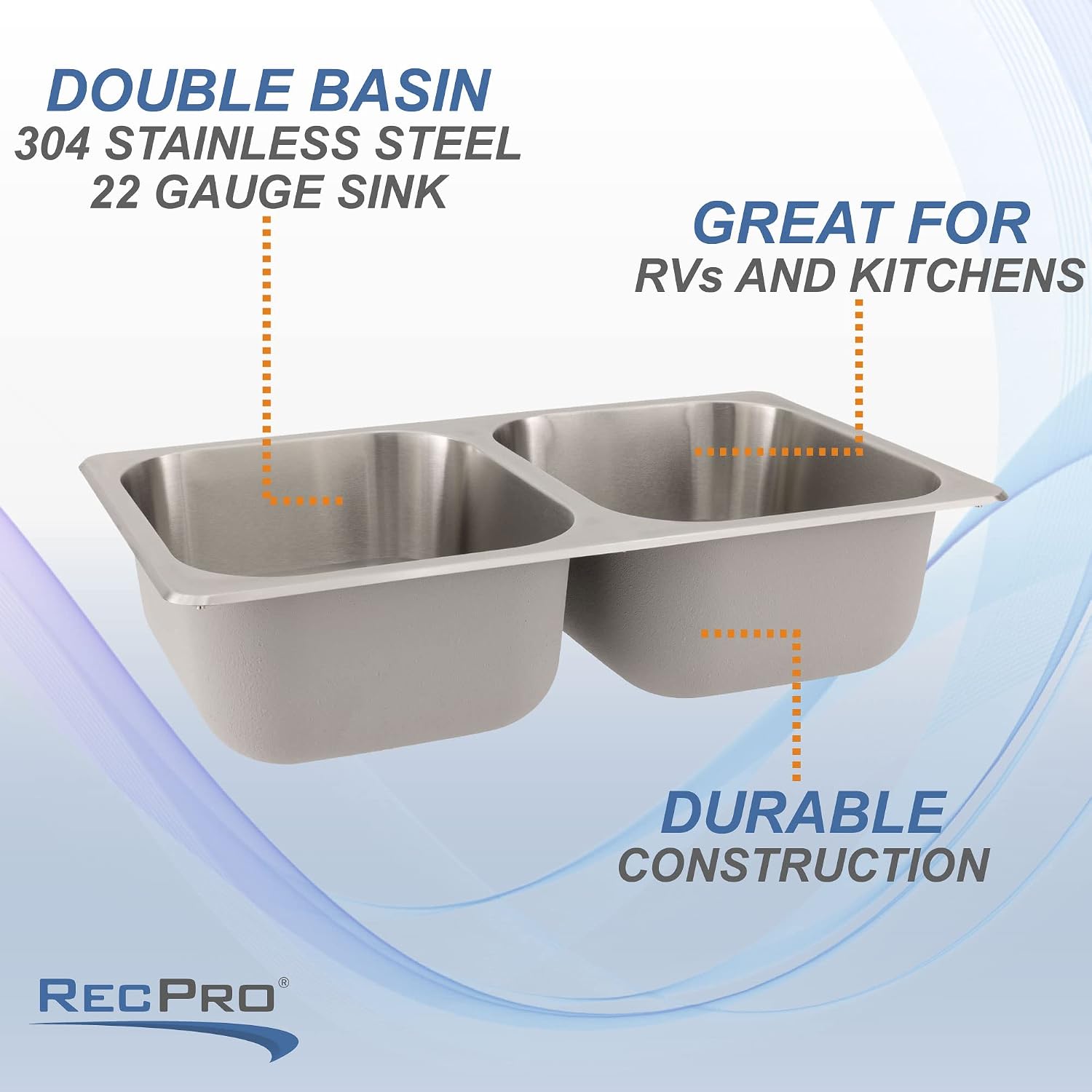 RecPro RV Double Bowl Kitchen Sink | 27' x 16 x 7' | Stainless Steel