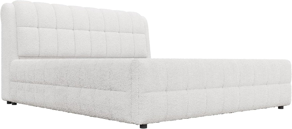 King Size Upholstered Platform Bed, Berber Fleece Bed Frame with Foam Headboard, Wood Slat Support for King Mattress, Modern Boucle Platform Bed for Master Bedroom, No Box Spring Needed, White