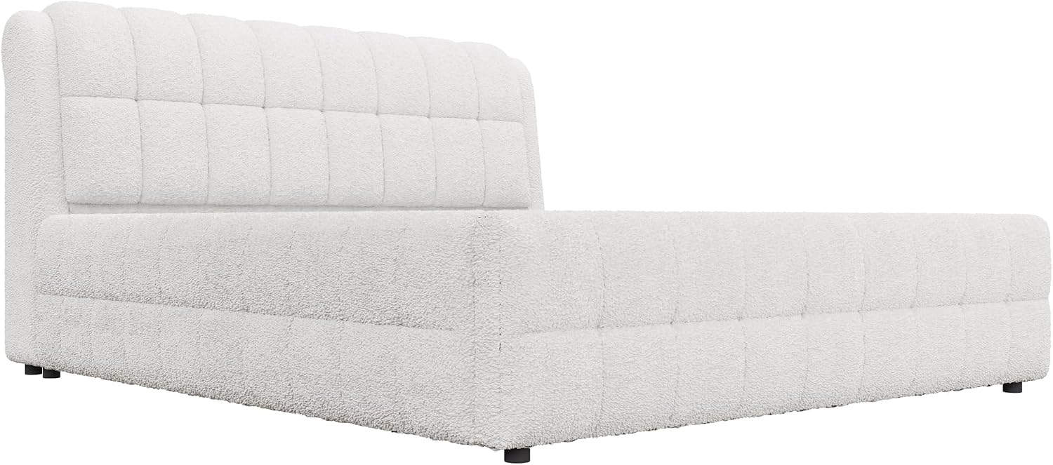 King Size Upholstered Platform Bed, Berber Fleece Bed Frame with Foam Headboard, Wood Slat Support for King Mattress, Modern Boucle Platform Bed for Master Bedroom, No Box Spring Needed, White