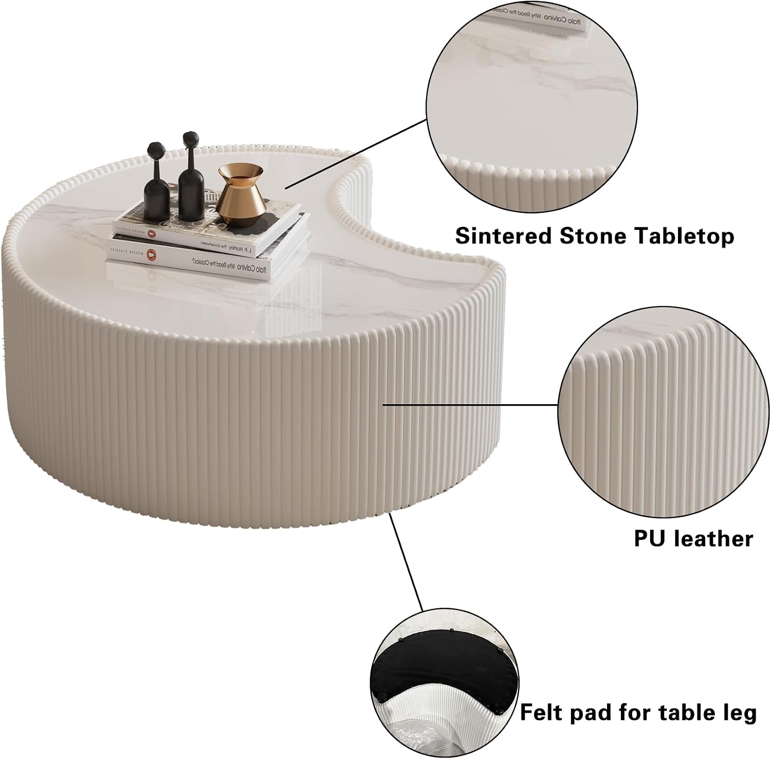 29.53' White Round Coffee Table, Drum Coffee Table with Sintered Stone Tabletop and Fluted PU Leather Covered and Stable Base, Circle Cocktail Tea Table for Living Room