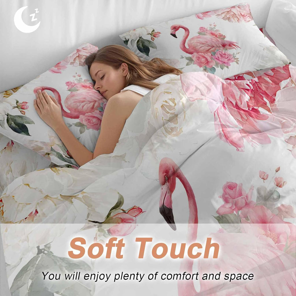 Prime Leader Flamingos Rose Duvet Cover Set Queen Size 4 Pieces Pink Watercolor Floral Spring Nature Bedding Set with Zipper Closure, 1 Comforter Cover 92x106 Inches 1 Flat Sheet & 2 Pillow Cases