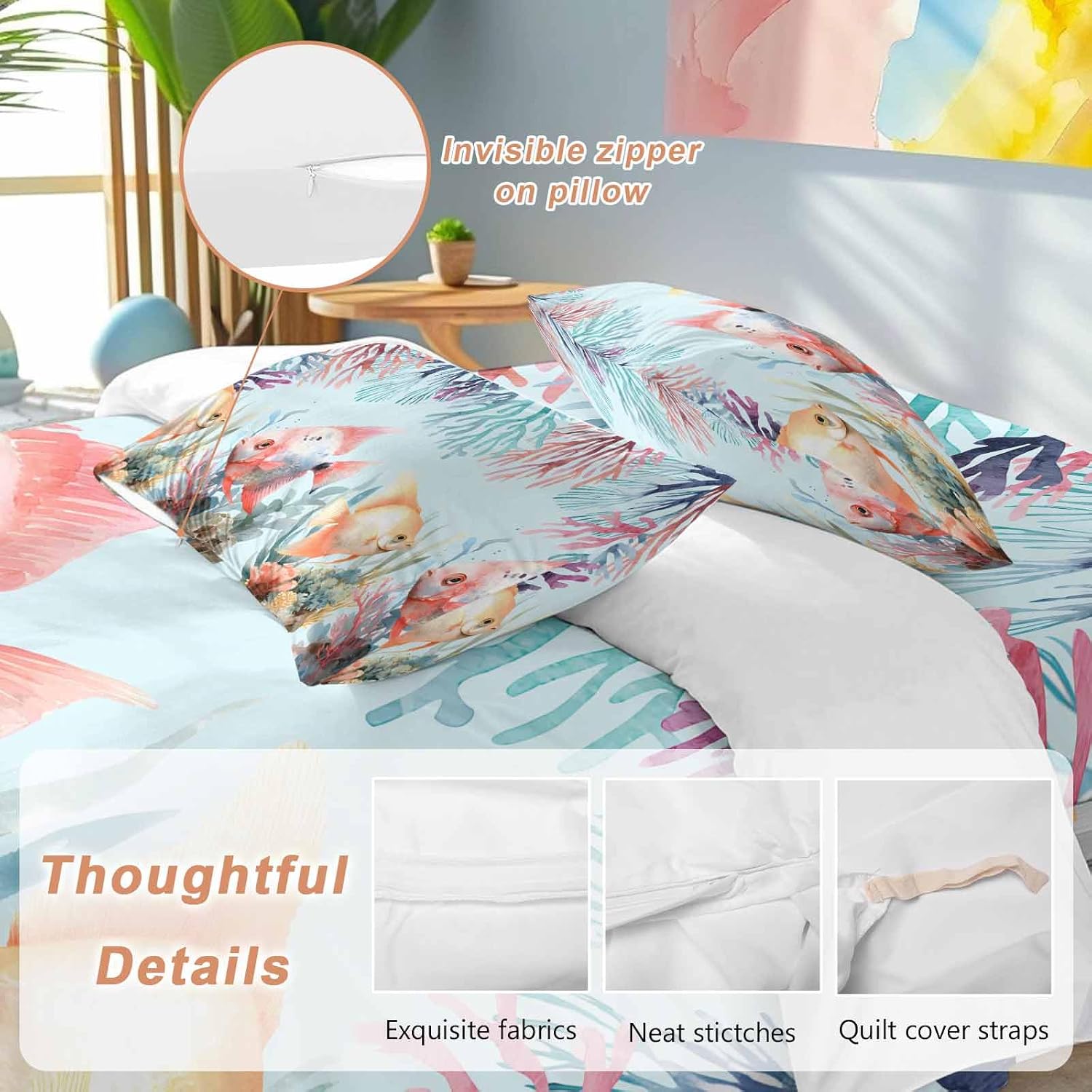 Summer Fish Duvet Cover Set Queen Size 4 Pieces Nautical Watercolor Orange Red Marine Life Coral Seaweed Bedding Set with Zipper Closure, 1 Comforter Cover 92x106 Inches 1 Flat Sheet & 2 Pillow Cases