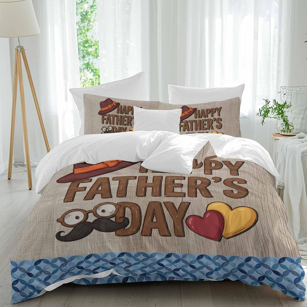 Prime Leader Father's Day Duvet Cover Set Queen Size 4 Pieces Wood Grain Retro Love Heart Hat Brown Blue Bedding Set with Zipper Closure, 1 Comforter Cover 92x106 Inches 1 Flat Sheet & 2 Pillow Cases