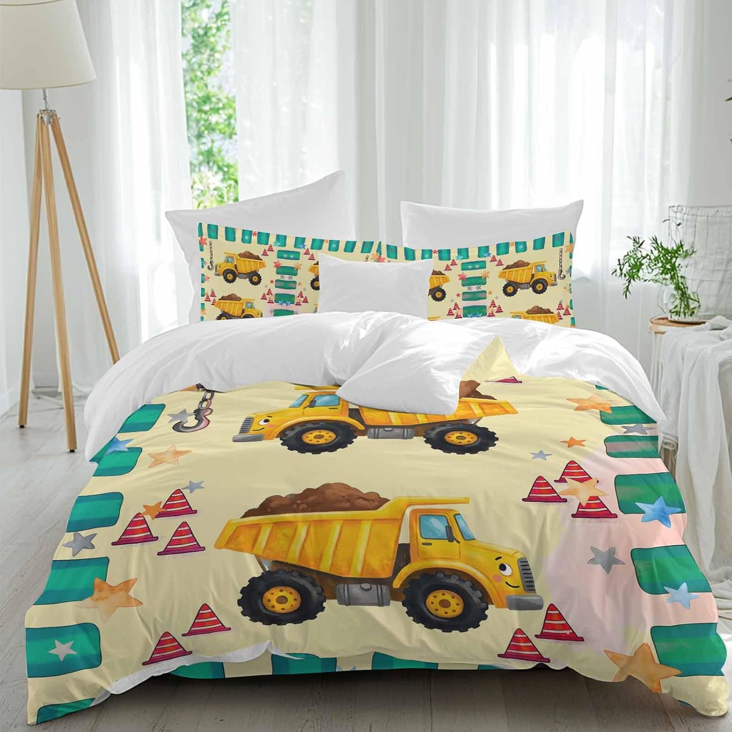 Prime Leader Cartoon Caravans Duvet Cover Set Queen Size 4 Pieces Hookups Roadblocks Stars Green Border Bedding Set with Zipper Closure, 1 Comforter Cover 86x86 Inches 1 Flat Sheet & 2 Pillow Cases