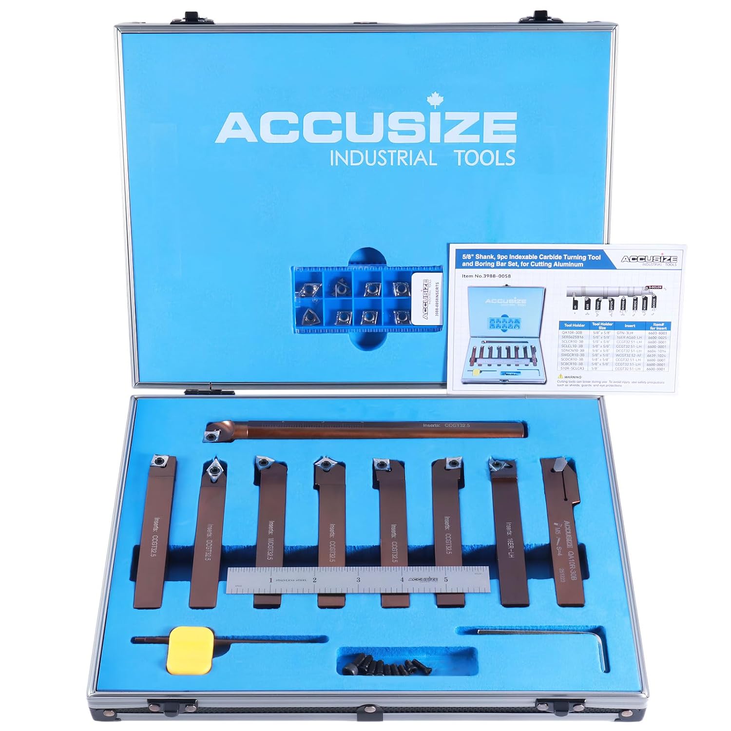 Accusize Industrial Tools 5/8' Shank 9-Piece Indexable Turning & Boring Tool Set, Uncoated Sharp-Edge Inserts for Aluminum, 3988-0058