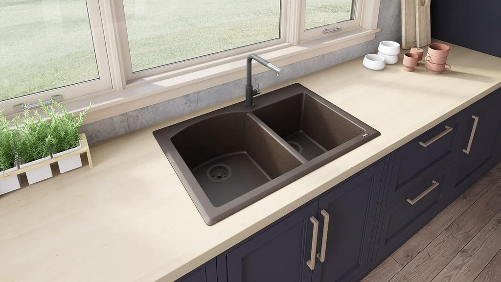 Ruvati 33 x 22 inch epiGranite Drop-in Topmount Granite Composite Quartz Double Bowl Kitchen Sink - Espresso Brown - RVG1344ES