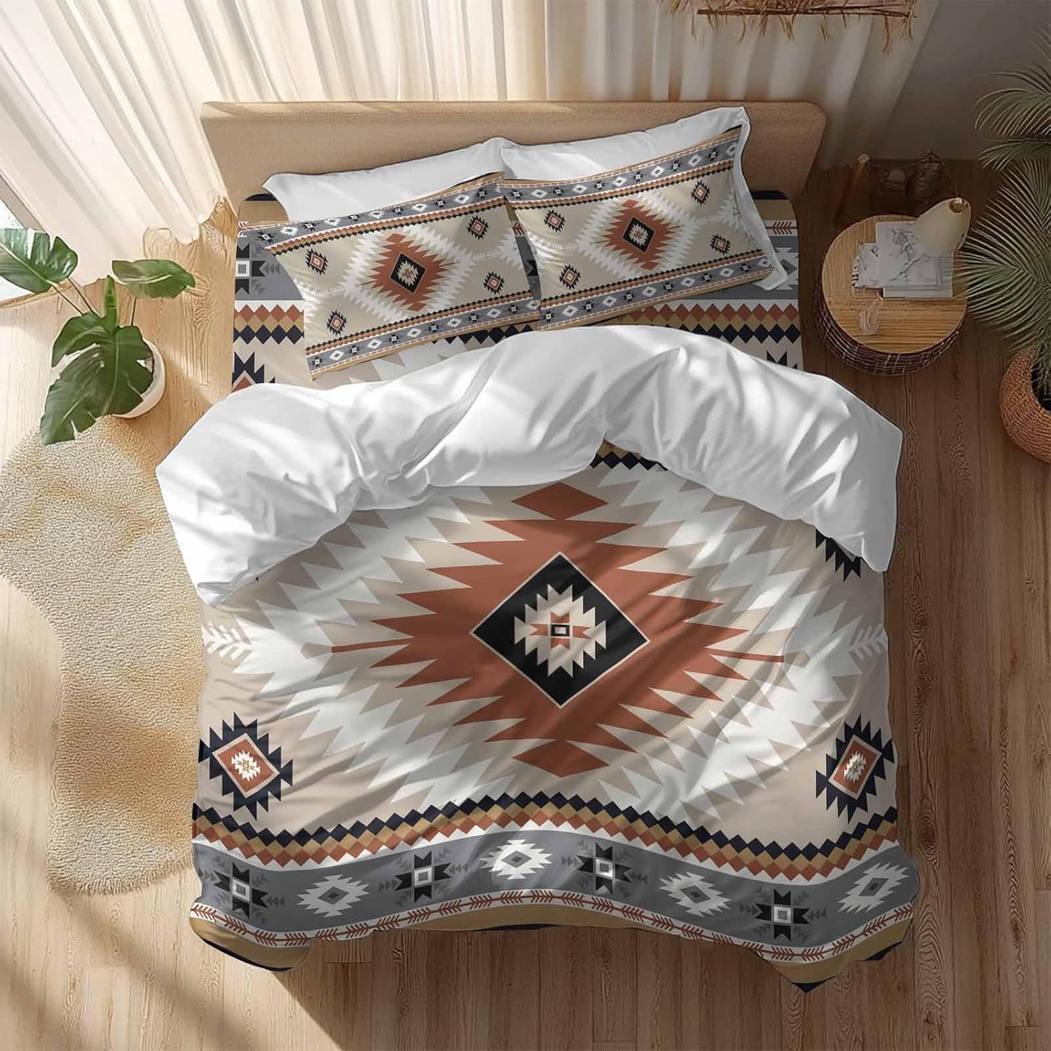 Aztec Southwestern Duvet Cover Set Queen Size 4 Pieces Ethnic Tribal Style Geometric Orange Khaki Bedding Set with Zipper Closure, 1 Comforter Cover 92x106 Inches 1 Flat Sheet & 2 Pillow Cases