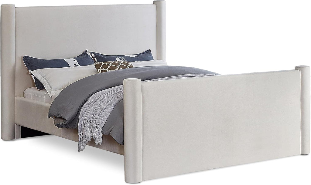 Meridian Furniture B1298Cream-Q Elias Collection Modern | Contemporary Queen Bed with Soft Cream Velvet, Solid Wood Inner Frame, 73.5' W x 88.5' D x 52' H, Cream, Queen