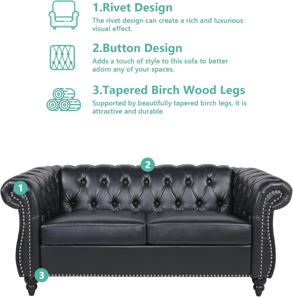 QHITTY Accent Sofa, Chesterfield Loveseat Modern Leather Couch Upholstered Sofa with Tufted Back for Living Room Furniture (Black)