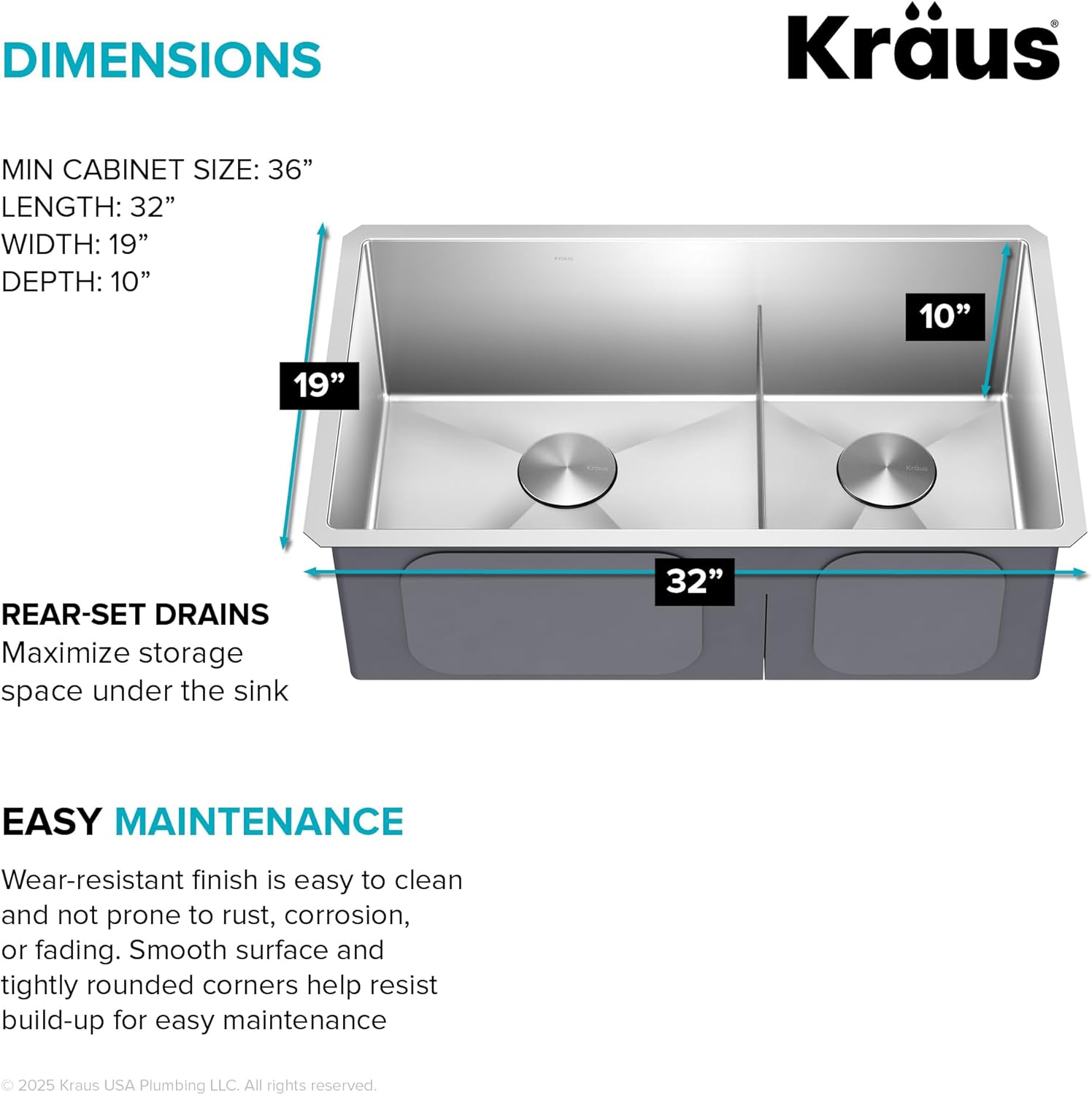 Kraus Kitchen Sinks Undermount - 32 Inch Stainless Steel Kitchen Sink, 60/40 Double Bowl, 16 Gauge, Model KHU103-32