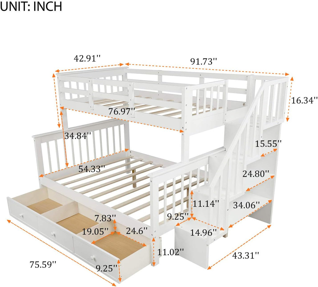 Twin Over Full Bunk Bed with 3 Drawers and Staircase,Can be Separated into 2 Beds,Wood Floor Bunk Bed Frame with Storage Shelf and Full-Length Safety Guardrail for Kids Teens Adults,Space Saving,White
