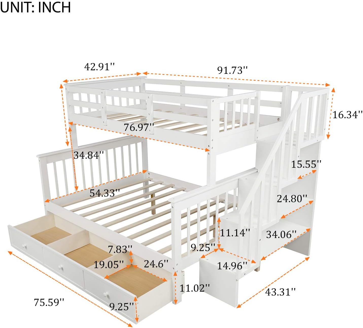 Twin Over Full Bunk Bed with 3 Drawers and Staircase,Can be Separated into 2 Beds,Wood Floor Bunk Bed Frame with Storage Shelf and Full-Length Safety Guardrail for Kids Teens Adults,Space Saving,White