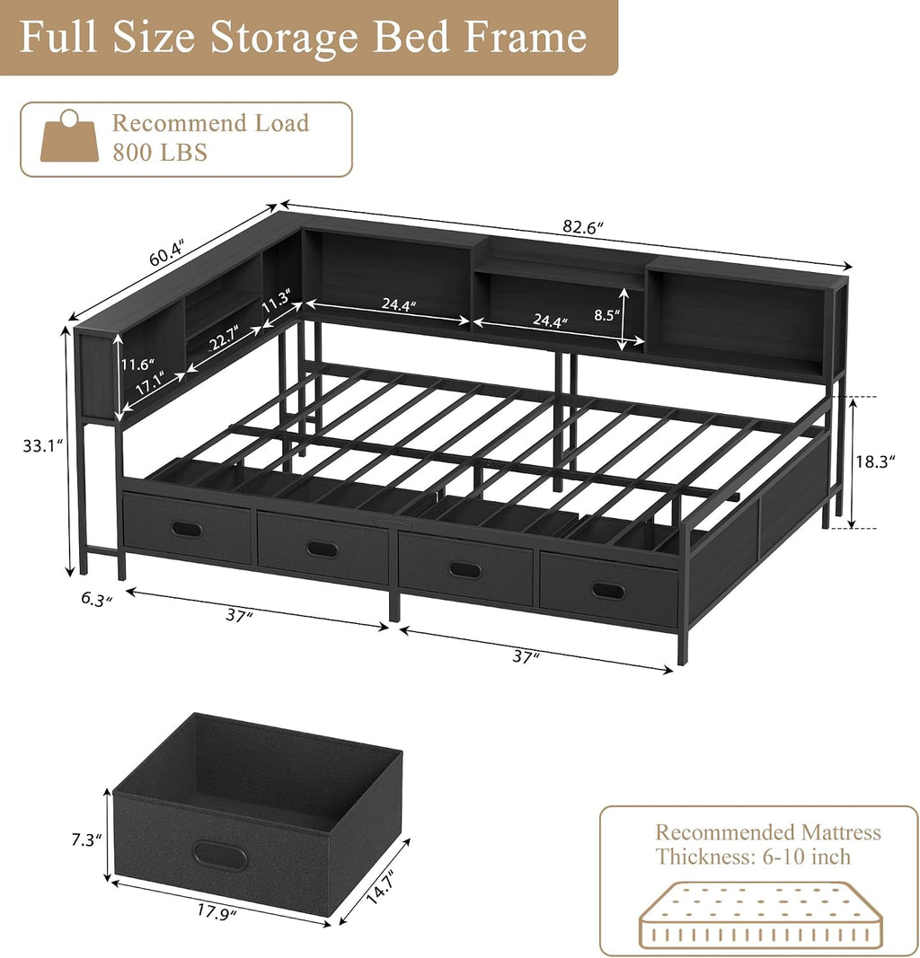 Full Size Corner Bed Frame with LED Lights, Charging Station & 8-Bookcase Headboard, Metal Platform Corner Bed with 4 Storage Drawers, Full Daybed for Kids Teens Guests, Black
