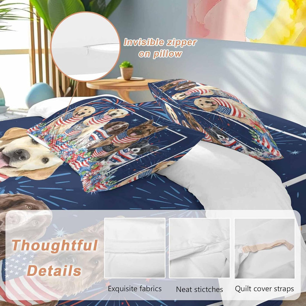 Independence Day Dog Cat Duvet Cover Set Queen 4 Pieces Watercolor Red Blue Stripe Star Flag Firework Blue Bedding Set with Zipper Closure,1 Comforter Cover 92x106 Inch 1 Flat Sheet&2 Pillow Cases