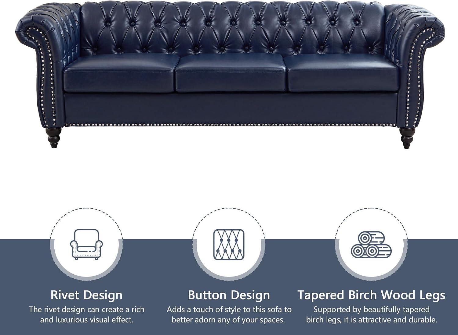 QHITTY Accent Large Sofa, Chesterfield Couch 3 Seater Modern Leather Couch Upholstered Sofa with Tufted Back for Living Room Furniture (Blue)