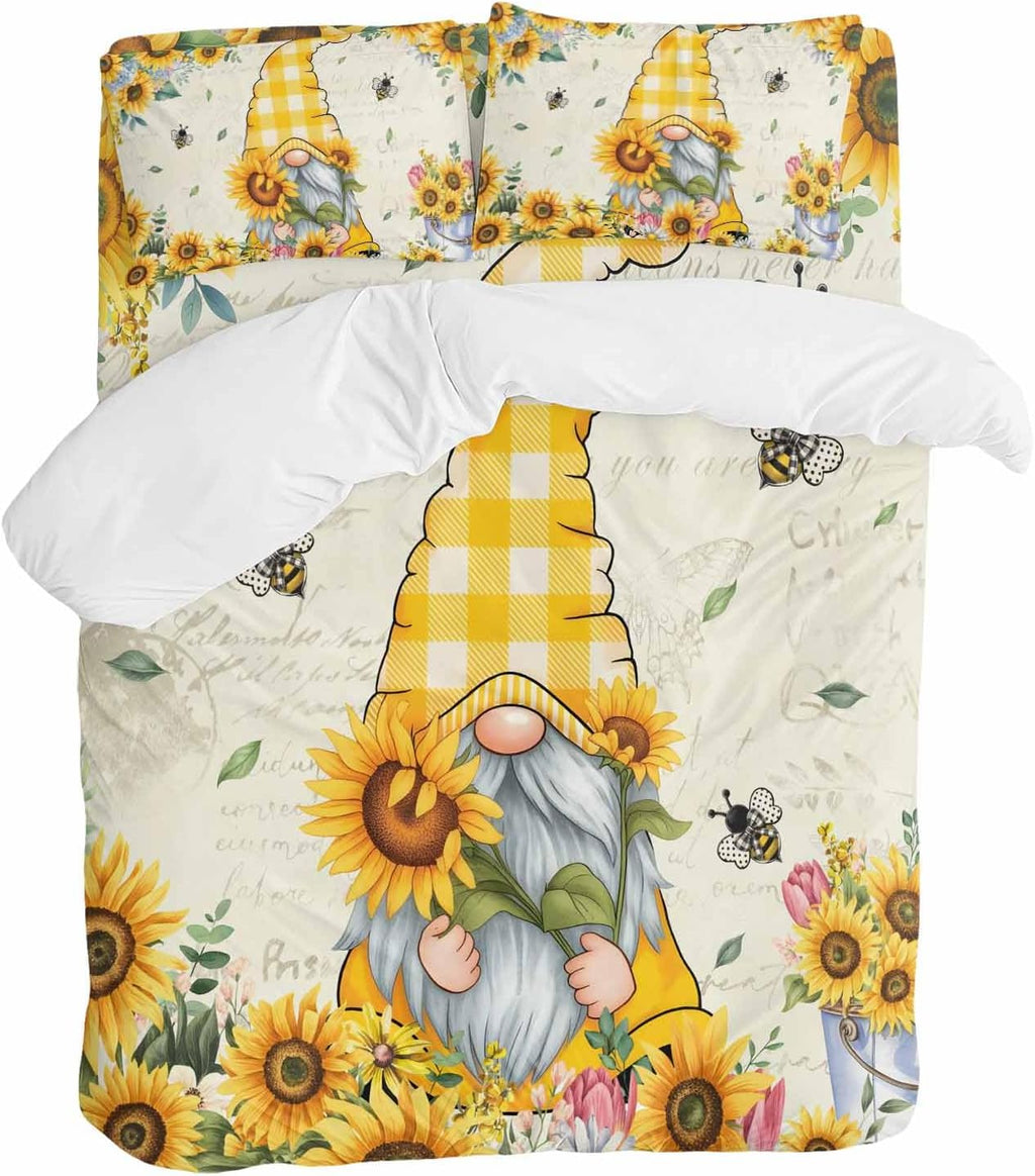 Sunflower Gnome Duvet Cover Set Queen Size 4 Pieces Bee Yellow Flower Leaf Spring Plant Farm Bedding Set with Zipper Closure, 1 Comforter Cover 92x106 Inches 1 Flat Sheet & 2 Pillow Cases