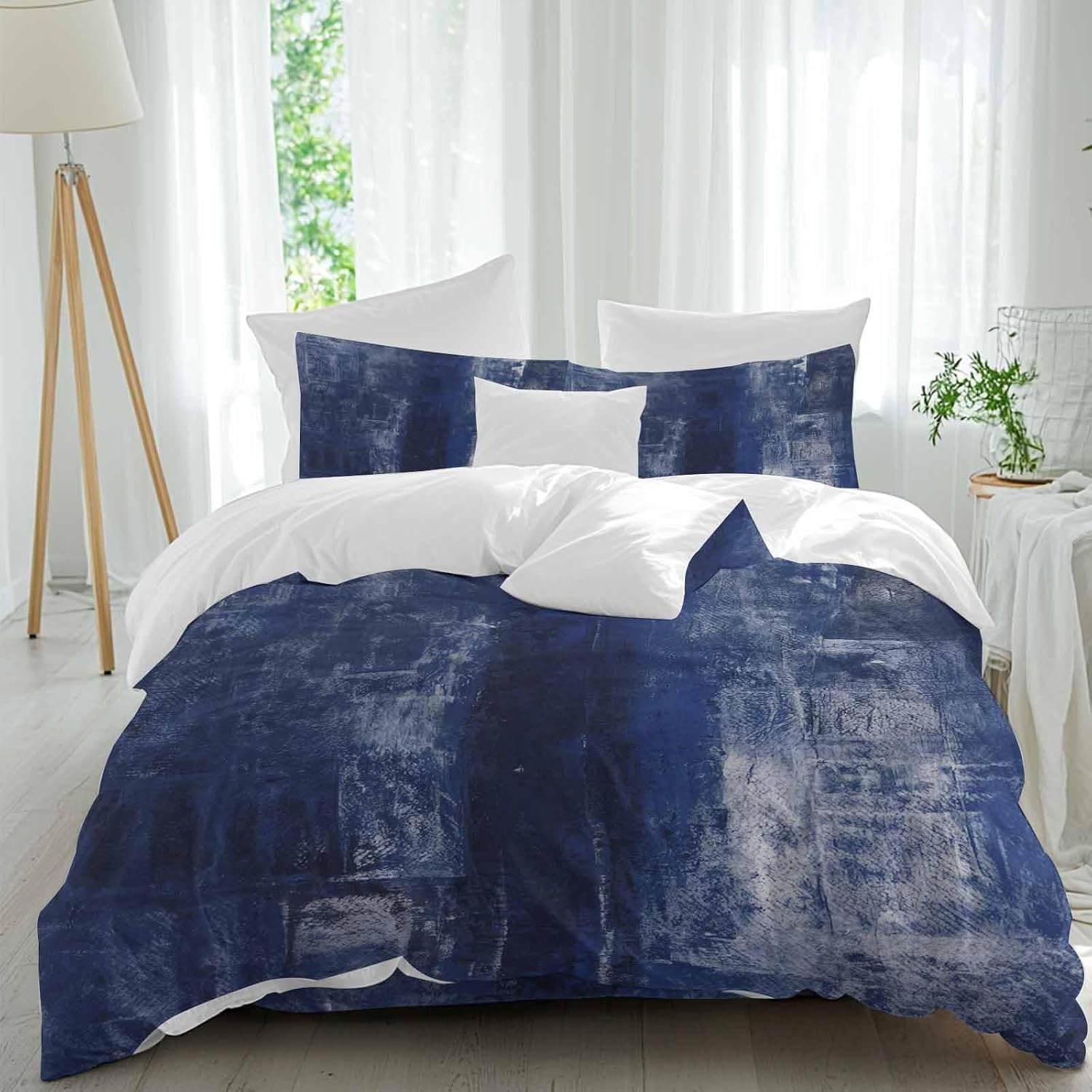 Prime Leader Navy Blue Duvet Cover Set Queen Size 4 Pieces Abstract Art Graffiti Paint Style Bedding Set with Zipper Closure, 1 Comforter Cover 92x106 Inches 1 Flat Sheet & 2 Pillow Cases