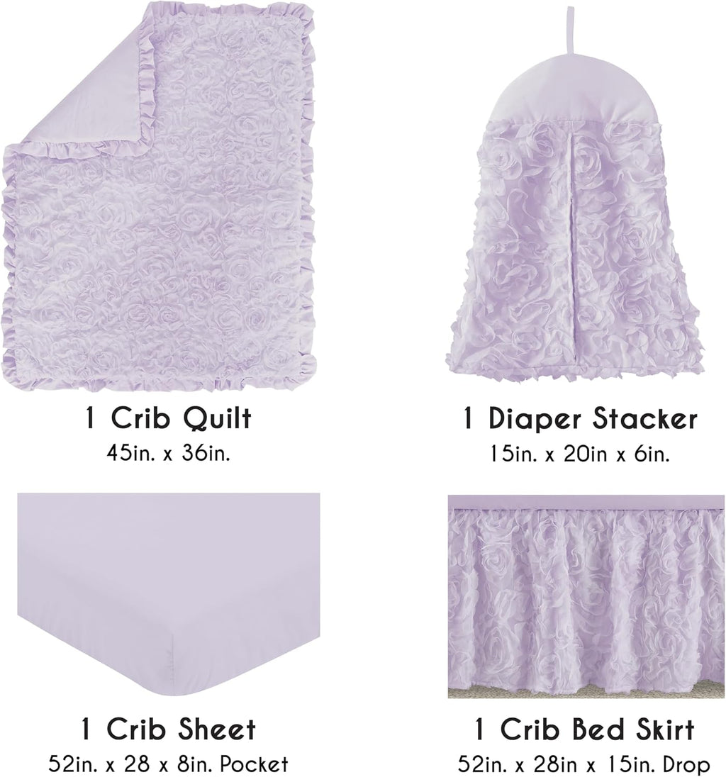 Sweet Jojo Designs 4-Piece Baby Crib Bedding Set (Purple Lavendar Floral Rose) for Girls, Infants/Nursery incl. Blanket, Fitted Sheet, Skirt, Diaper Stacker (Elegant, Princess, Luxury, Ruffle Roses)