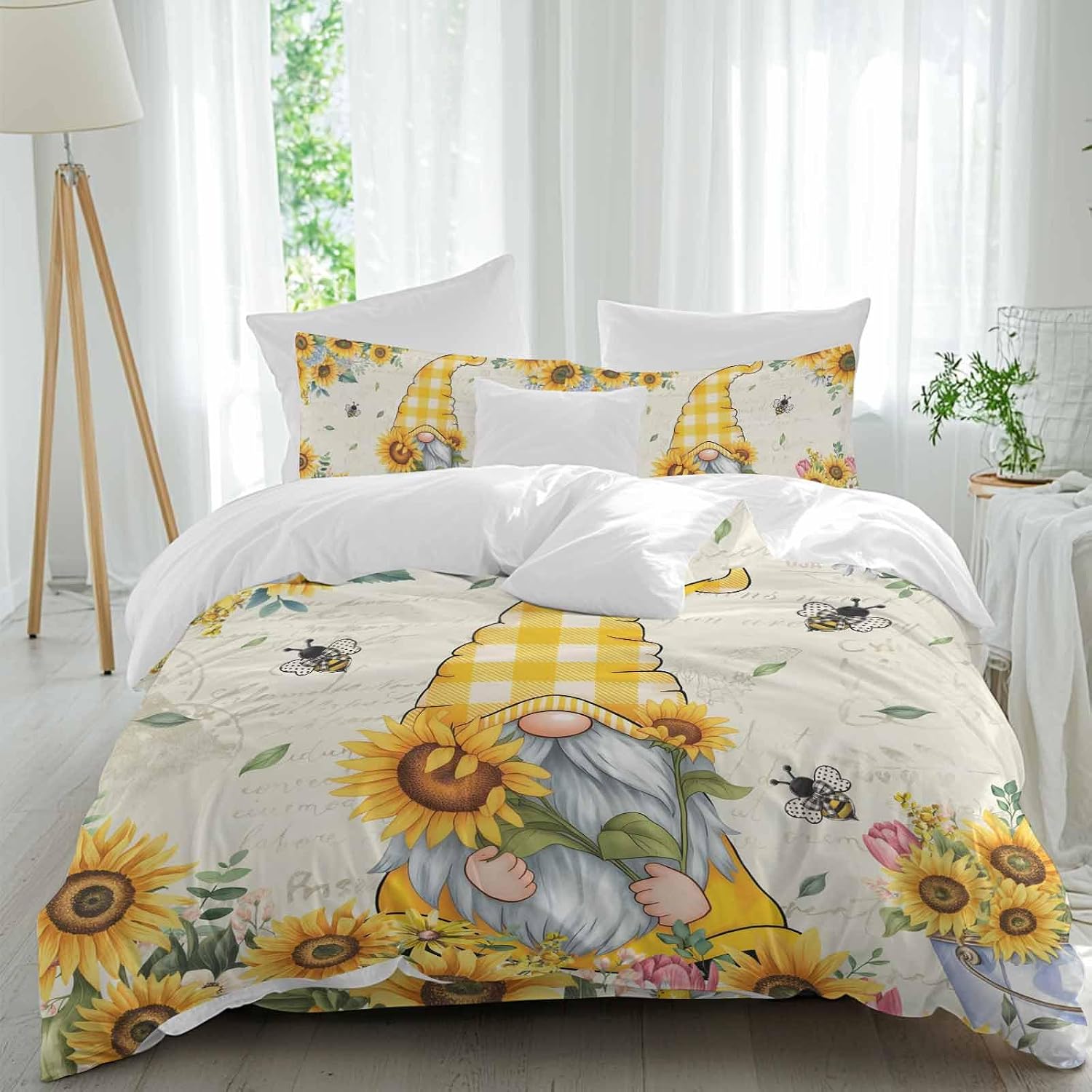Sunflower Gnome Duvet Cover Set Queen Size 4 Pieces Bee Yellow Flower Leaf Spring Plant Farm Bedding Set with Zipper Closure, 1 Comforter Cover 92x106 Inches 1 Flat Sheet & 2 Pillow Cases