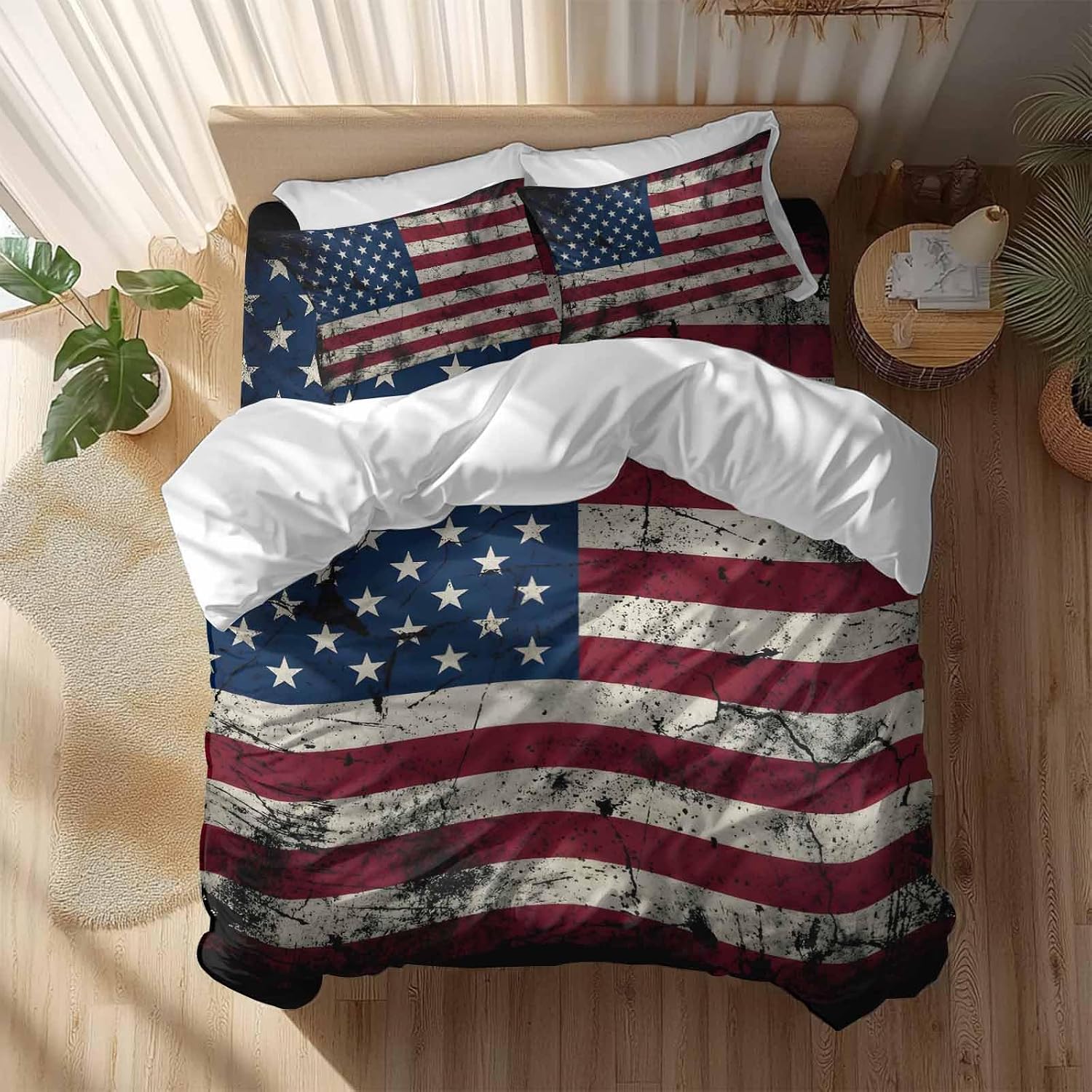 Prime Leader Independence Day Duvet Cover Set Queen Size 4 Pieces Mottled U. S. Flag Shabby Chic Vintage Bedding Set with Zipper Closure, 1 Comforter Cover 92x106 Inches 1 Flat Sheet & 2 Pillow Cases