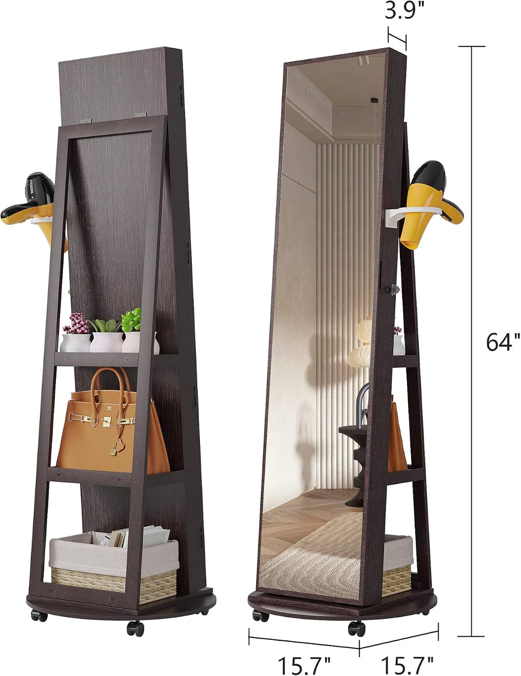 HNEBC 360° Swivel Jewelry Armoire with Mirror, LED Mirror Jewelry Cabinet Standing, Full Length Mirror with Jewelry Storage, Standing Jewelry Organizer/Lockable Wheels/Foldable Makeup Shelf(Brown)