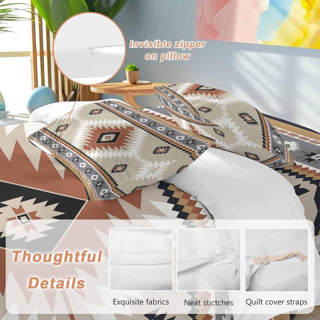 Aztec Southwestern Duvet Cover Set Queen Size 4 Pieces Ethnic Tribal Style Geometric Orange Khaki Bedding Set with Zipper Closure, 1 Comforter Cover 92x106 Inches 1 Flat Sheet & 2 Pillow Cases
