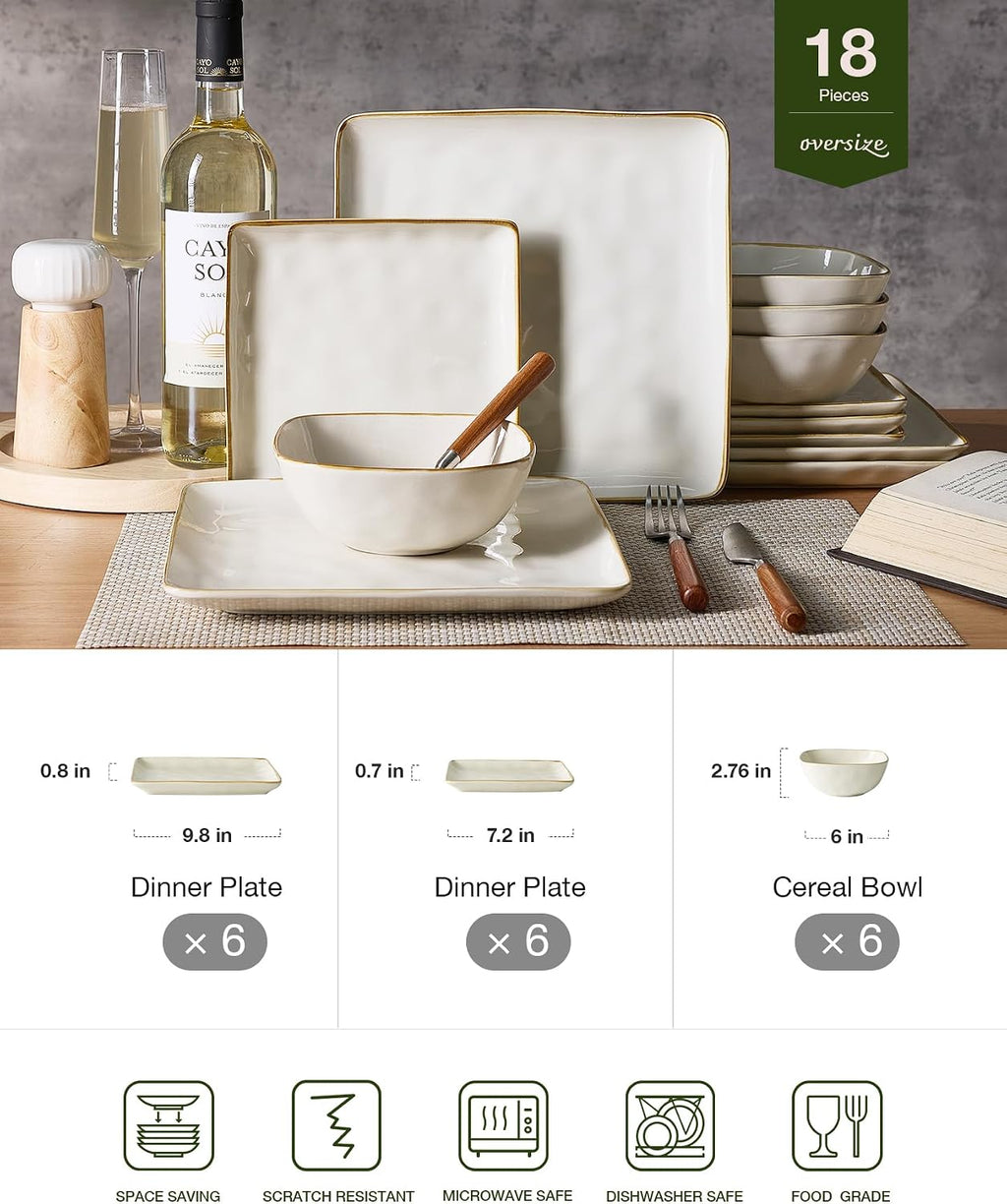 Famiware Ocean Square Plates and Bowls Set, 18 Pieces Dinnerware Sets, Dishes Set for 6, Microwave and Dishwasher Safe, Scratch Resistant, Vanilla White