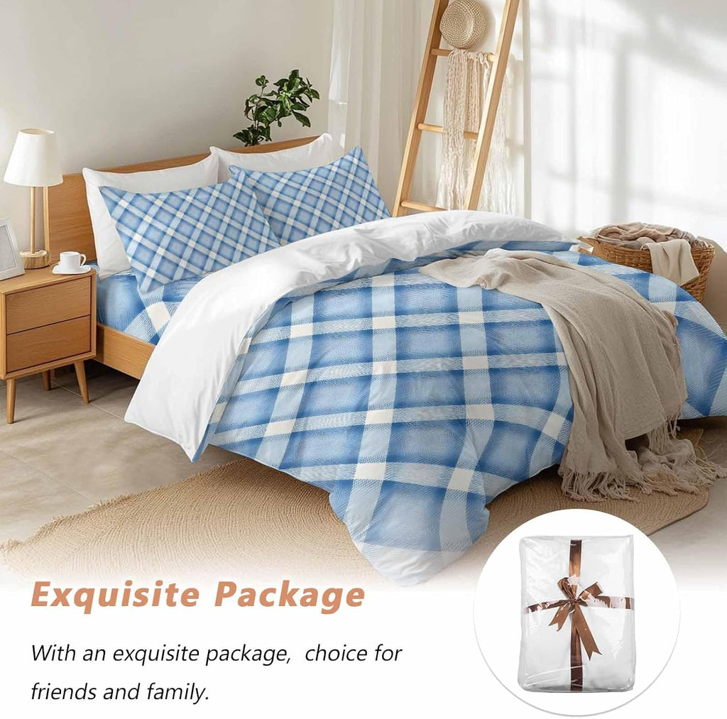 Blue Checkered Duvet Cover Set Queen Size 4 Pieces Modern Minimalist Watercolor Country Farm Bedding Set with Zipper Closure, 1 Comforter Cover 92x106 Inches 1 Flat Sheet & 2 Pillow Cases
