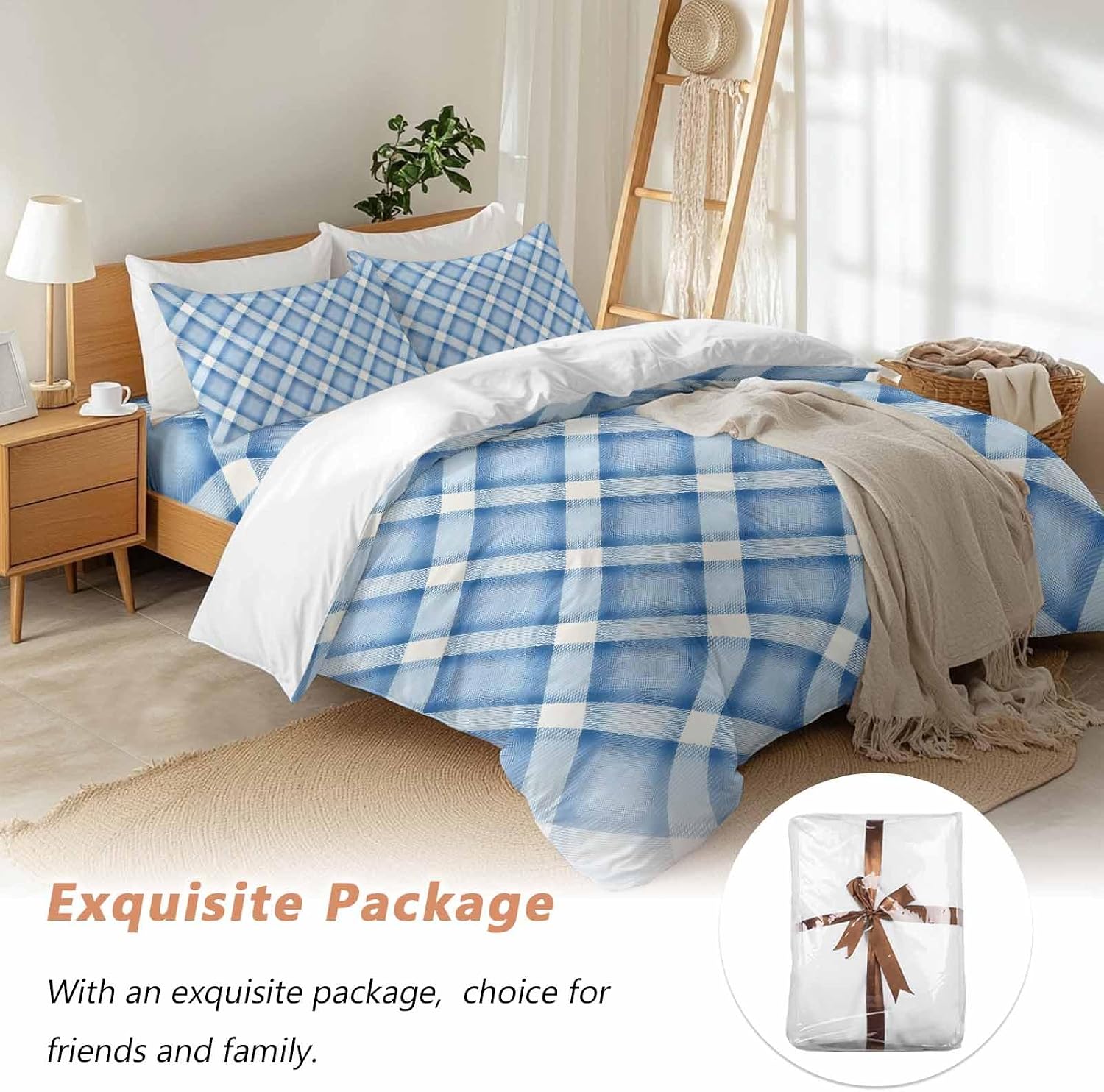Prime Leader Blue Checkered Duvet Cover Set Queen Size 4 Pieces Modern Minimalist Watercolor Country Farm Bedding Set with Zipper Closure, 1 Comforter Cover 86x86 Inches 1 Flat Sheet & 2 Pillow Cases