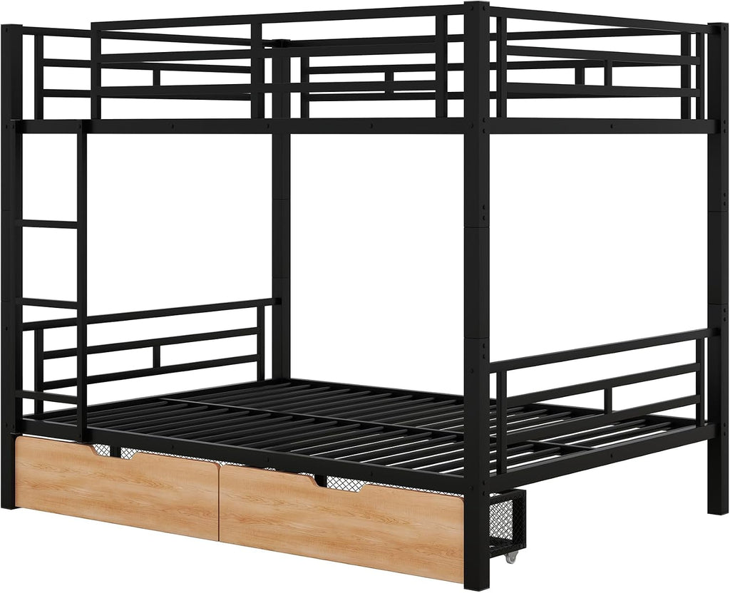 Metal Full Size Convertible Bunk Bed with 2 Drawers,Bed Frames W/Wood Slats Support The Mattresses,Easy to Assemble,for Kids Teens Girls Boys,Black