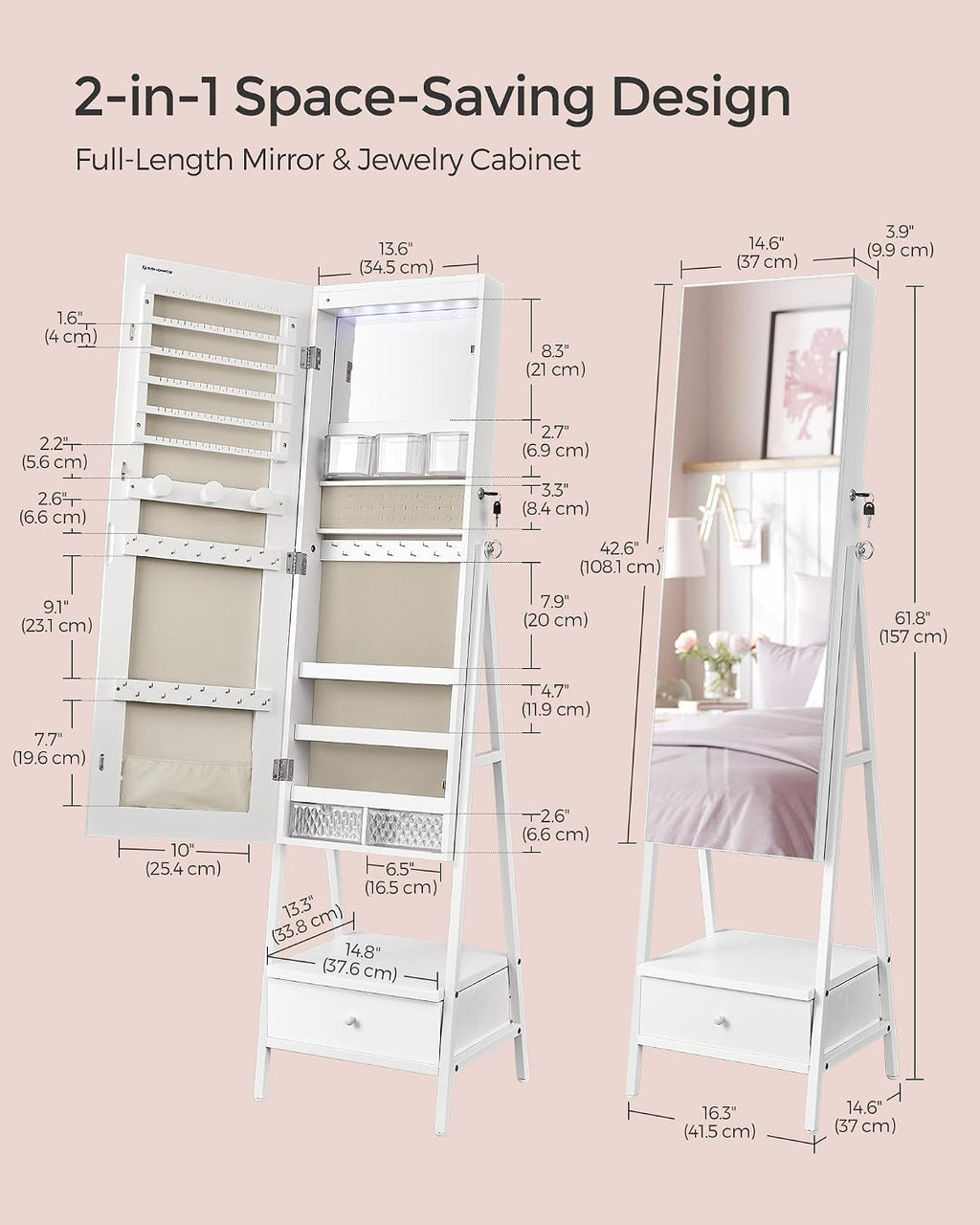SONGMICS LED Mirror Jewelry Cabinet Standing, Lockable Jewelry Armoire with Full-Length Mirror, Space-Saving Jewelry Organizer with Mirror, Drawer and Shelf, Gift Idea, Cloud White UJJC025W01