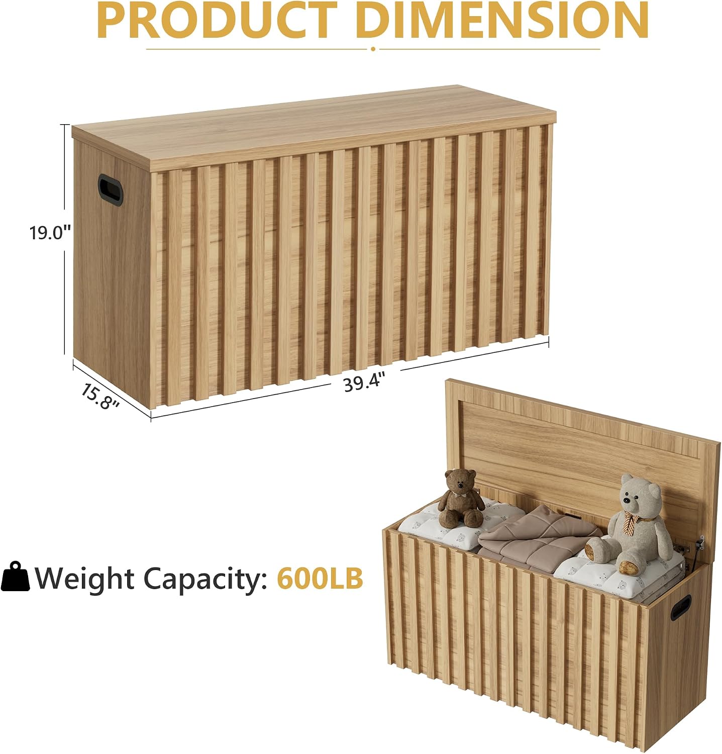 UEV Storage Bench Set of 2, 39.4' Wood Box, Storage Trunk with 2 Safety Hinges, Ottoman Storage Chest Set of 2, Fluted Storage Bench for Bedroom, Shoe Bench for Bedroom, Living Room (Natural Wood)
