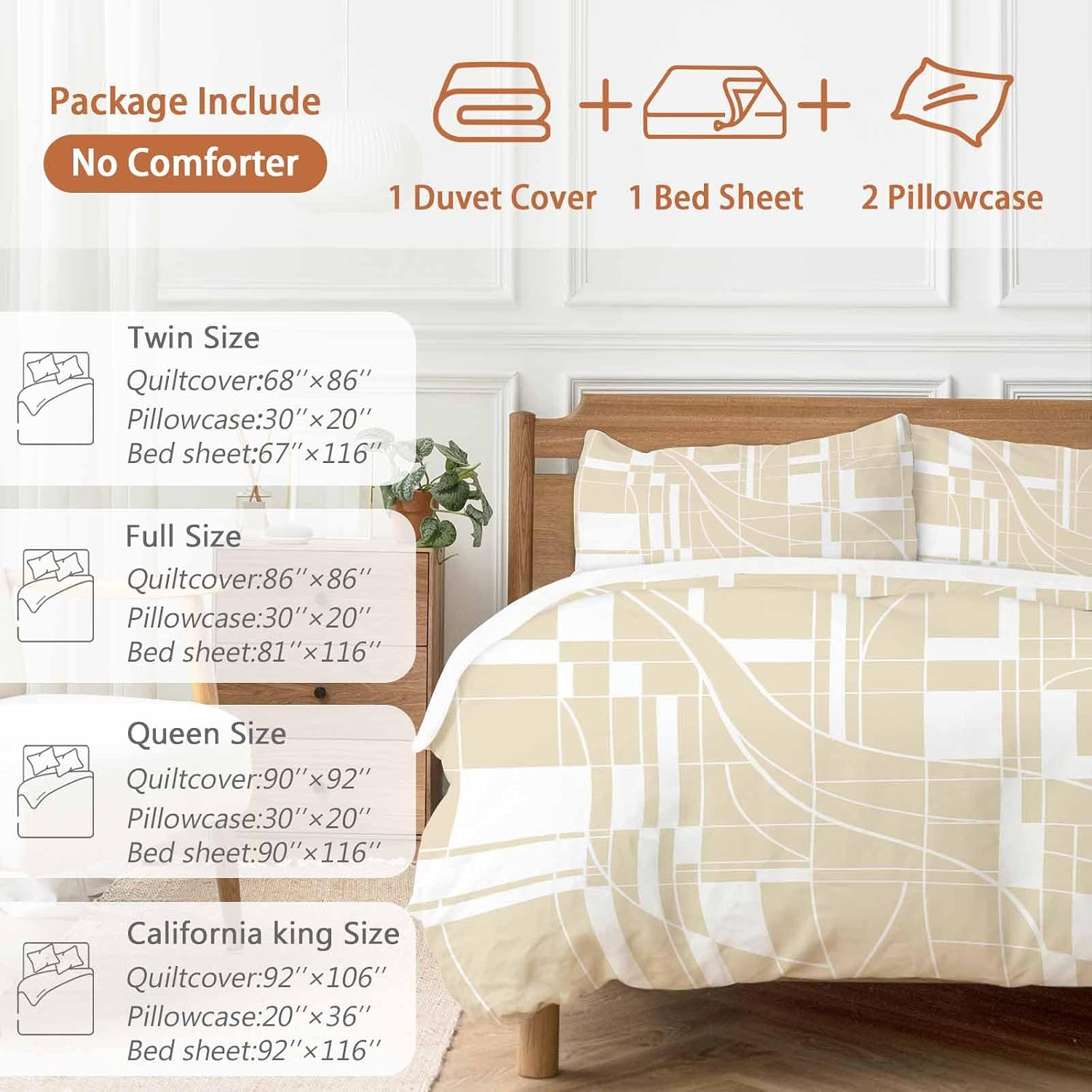 Prime Leader Lines Duvet Cover Set Queen Size 4 Pieces Abstarct Geometric White Lines Plaid Light Brown Bedding Set with Zipper Closure, 1 Comforter Cover 92x106 Inches 1 Flat Sheet & 2 Pillow Cases
