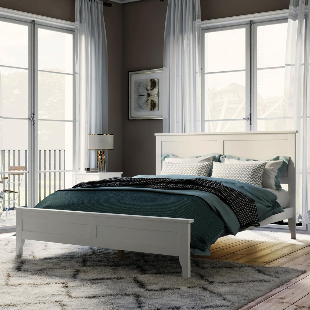 12 Inch Deluxe King Size Bed Frame with Headboard, Mid Century Retro Style White Wood Platform Beds Frames, No Box Spring Needed, 13 Strong Wooden Slat Support, Easy Assembly (White, King)