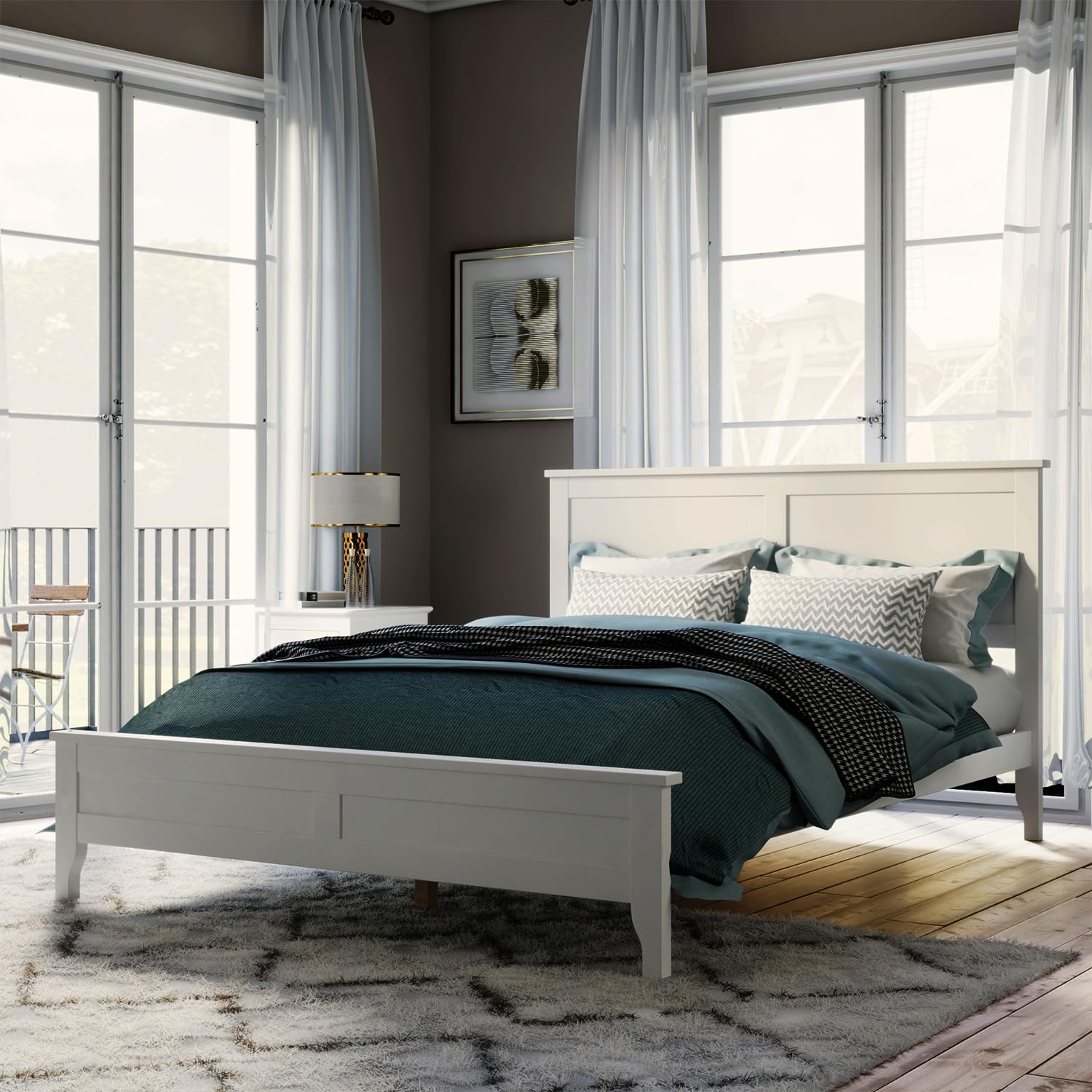 12 Inch Deluxe Full Size Bed Frame with Headboard, Mid Century Retro Style Brown Wood Platform Beds Frames, No Box Spring Needed, 13 Strong Wooden Slat Support, Easy Assembly (White, Full)