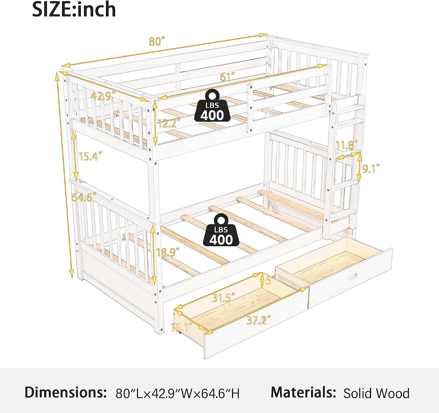 Merax Wood Bunk Bed with Drawers,Convertible Bunk Bed with Ladders and Two Storage Drawers,Solid Wood Detachable Bed Frame with Ladders,Twin Over Twin Size,White