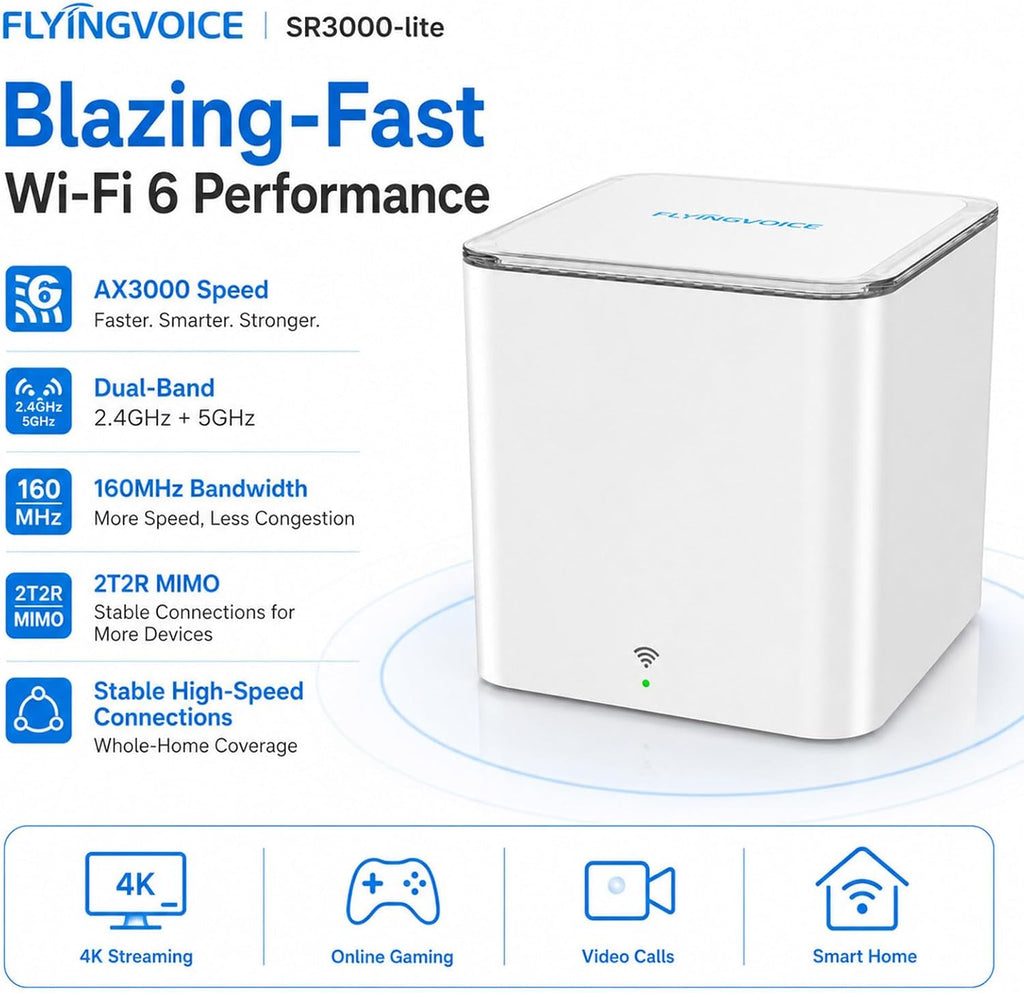 FLYINGVOICE SR3000-lite AX3000 Wi-Fi 6 Router, Dual-Band Gigabit Wireless Internet Speed, EasyMesh for Whole Home Coverage, 1 x Gigabit Port (WAN/LAN), WPS Button, Parent Router or Mesh Satellite
